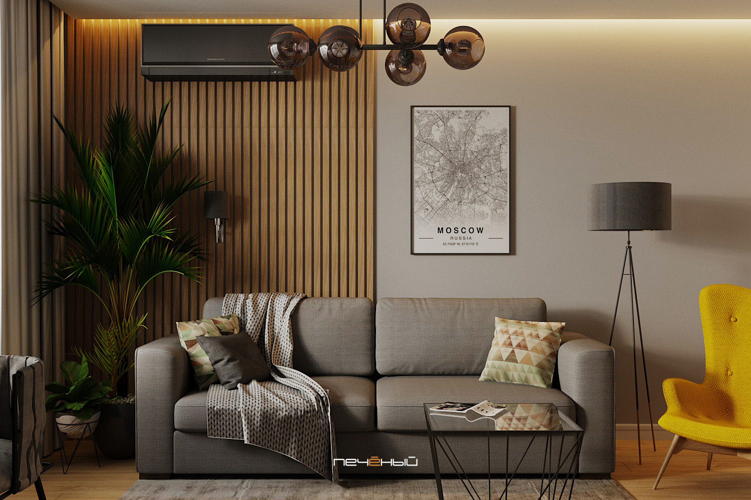 Фото 35 — Теплая атмосфера в гостиной с деревянными элементами